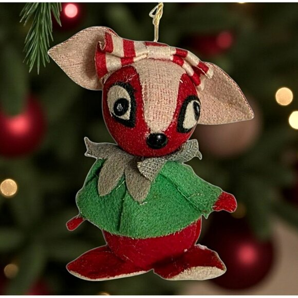 Vintage Felt Chipmunk Christmas Ornament Japan Red Green Plush Mouse Bunny Napco - Picture 1 of 9